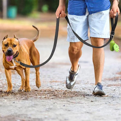 Homme promenant son chien avec une laisse de chien noire en extérieur